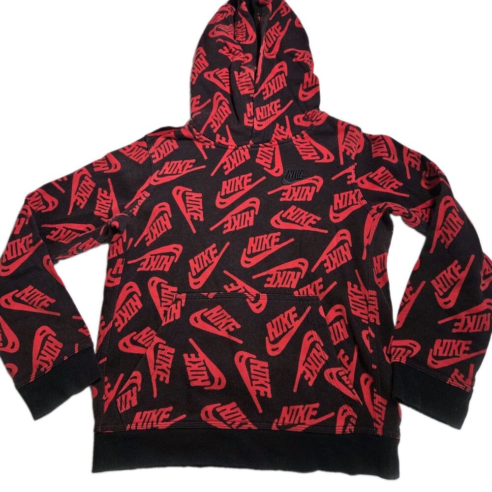 ​Nike All Over Print Spellout Hoodie Black Red Youth Medium Center Swoosh
